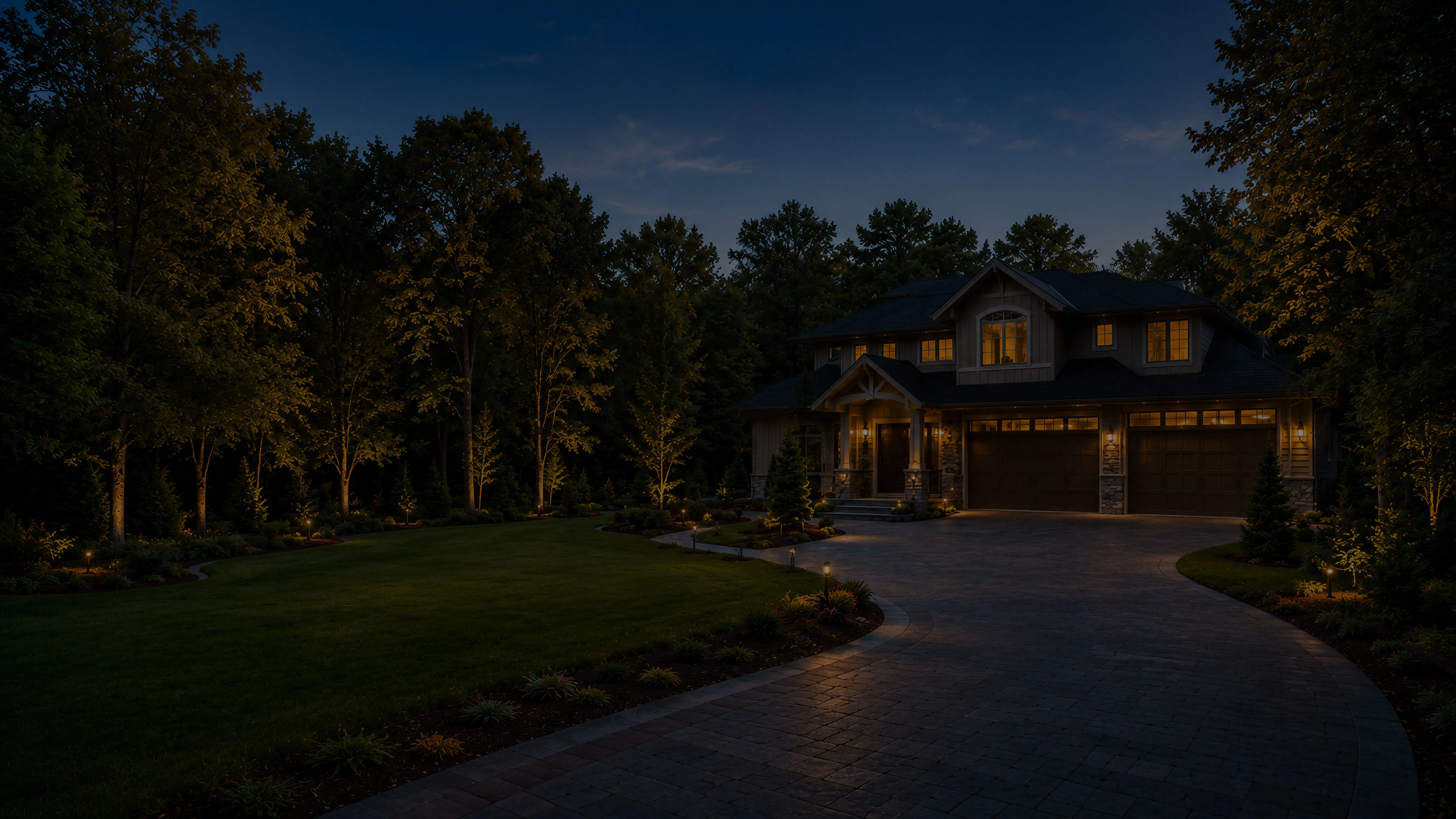 Custom home at dusk with lit garage doors in Waterford, Michigan