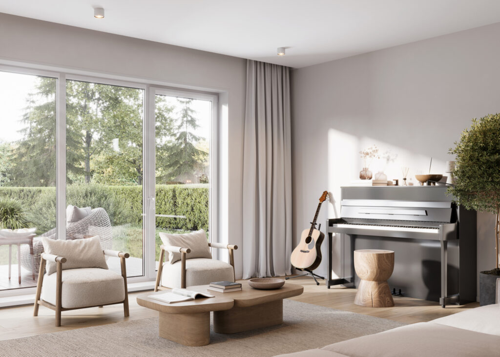 Digitally generated image of living room with piano, guitar, two armchairs, and glass sliding doors leading to a formal garden in the backyard.